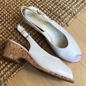 Vintage Bruno Magli white leather slingback heels with cork soles, size 6.5 C